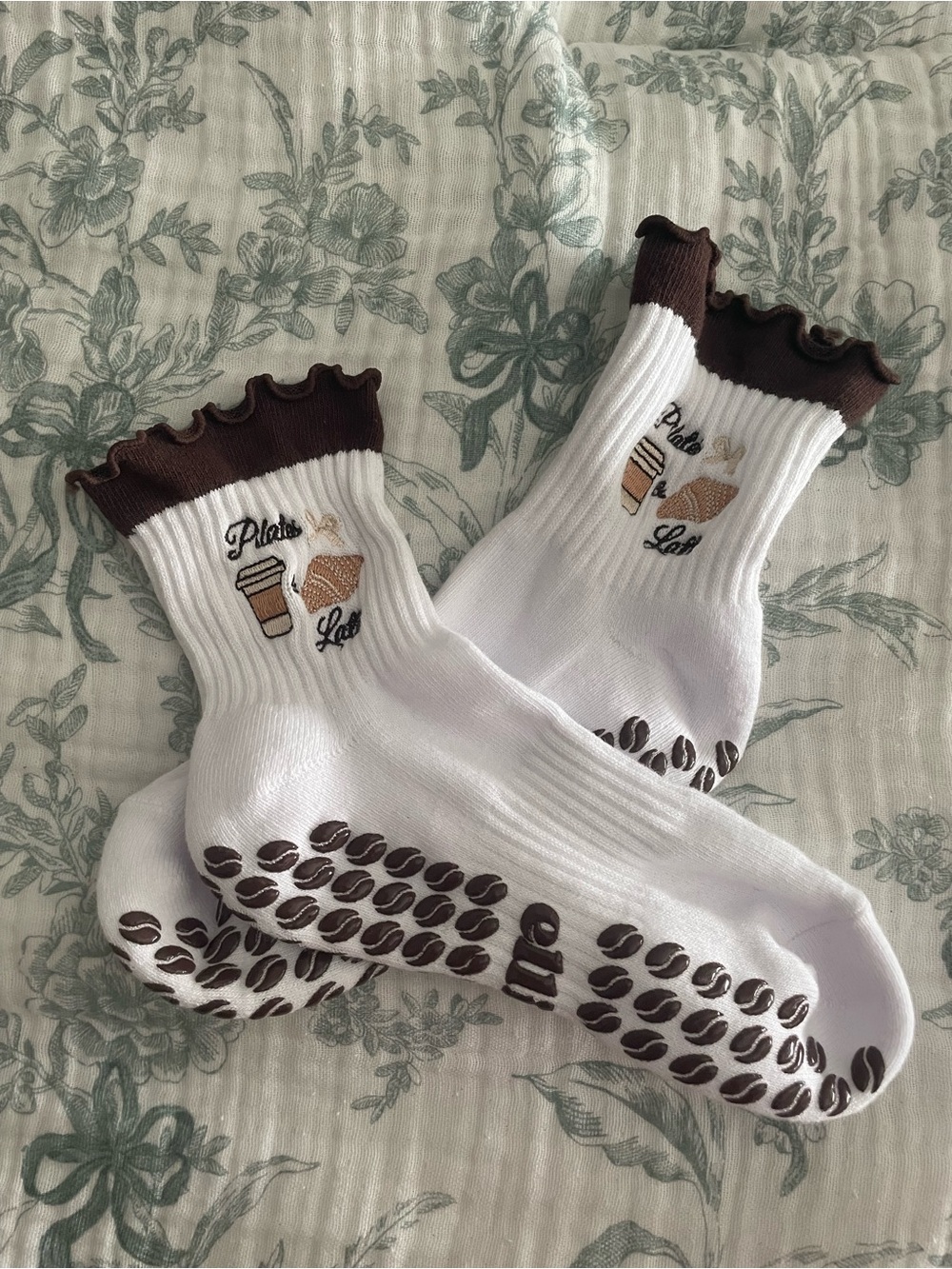 NWOT Pilates & Lattes Embroidered White & Brown Grip Socks